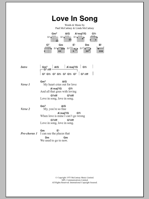 Paul McCartney & Wings Love In Song sheet music notes and chords arranged for Guitar Chords/Lyrics