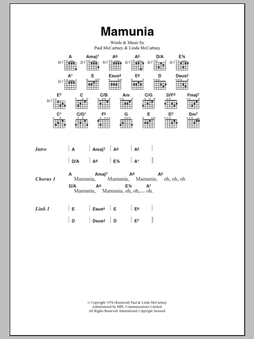 Paul McCartney & Wings Mamunia sheet music notes and chords arranged for Guitar Chords/Lyrics