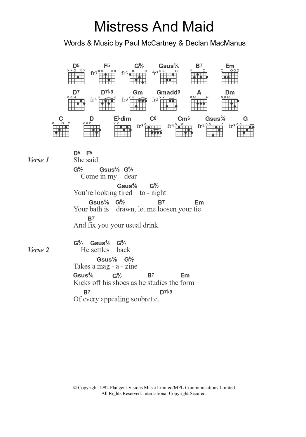 Paul McCartney Mistress And Maid sheet music notes and chords arranged for Guitar Chords/Lyrics