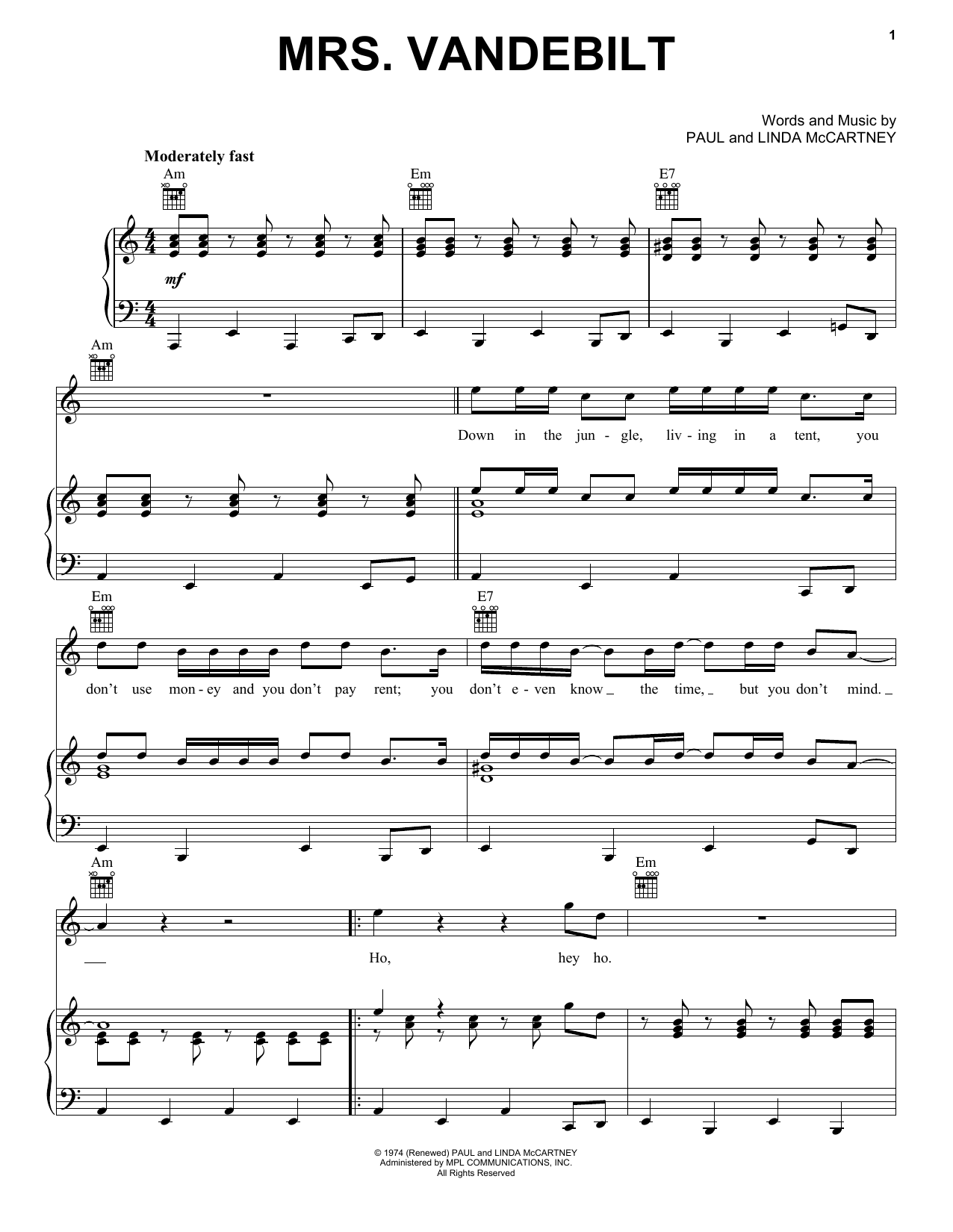 Paul McCartney Mrs. Vandebilt sheet music notes and chords arranged for Easy Piano
