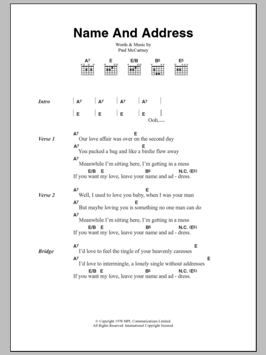 Paul McCartney & Wings Name And Address sheet music notes and chords arranged for Guitar Chords/Lyrics