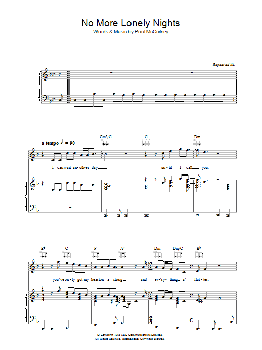 Paul McCartney No More Lonely Nights sheet music notes and chords arranged for Guitar Chords/Lyrics