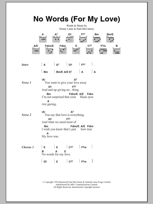 Paul McCartney & Wings No Words (For My Love) sheet music notes and chords arranged for Guitar Chords/Lyrics
