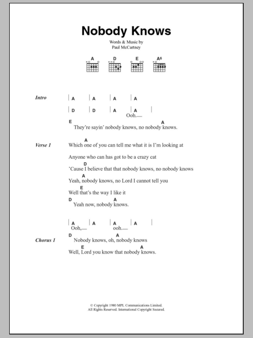 Paul McCartney Nobody Knows sheet music notes and chords arranged for Guitar Chords/Lyrics