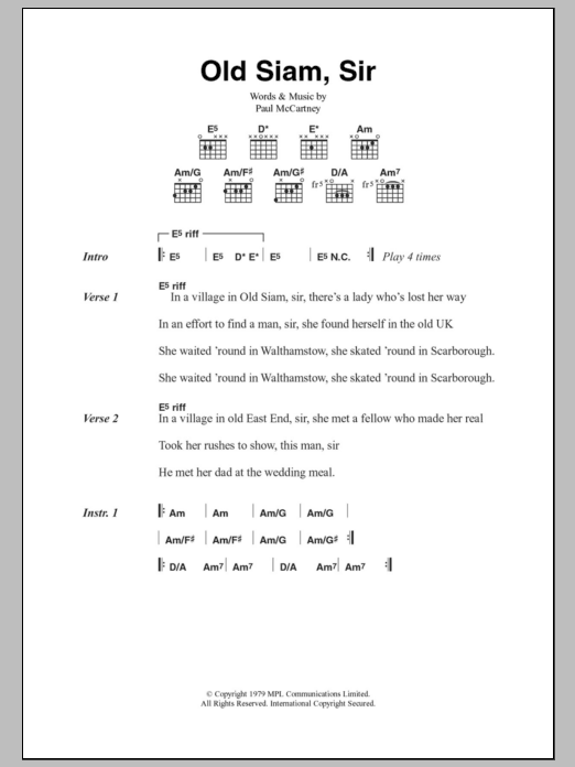 Paul McCartney & Wings Old Siam, Sir sheet music notes and chords arranged for Guitar Chords/Lyrics