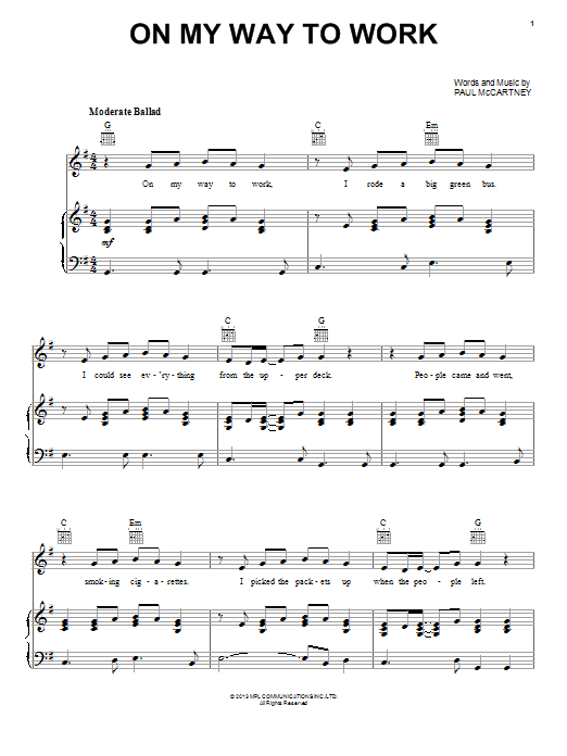 Paul McCartney On My Way To Work sheet music notes and chords arranged for Piano, Vocal & Guitar Chords (Right-Hand Melody)
