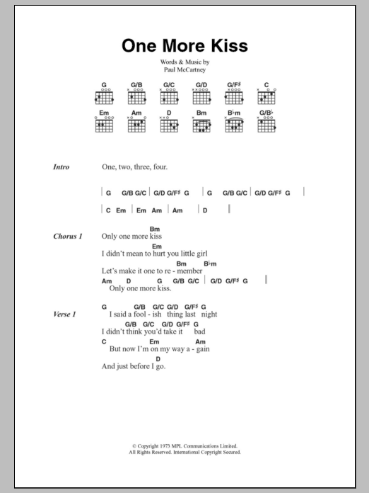 Paul McCartney One More Kiss sheet music notes and chords arranged for Guitar Chords/Lyrics
