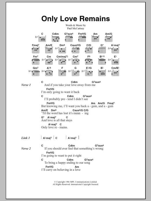 Paul McCartney Only Love Remains sheet music notes and chords arranged for Guitar Chords/Lyrics