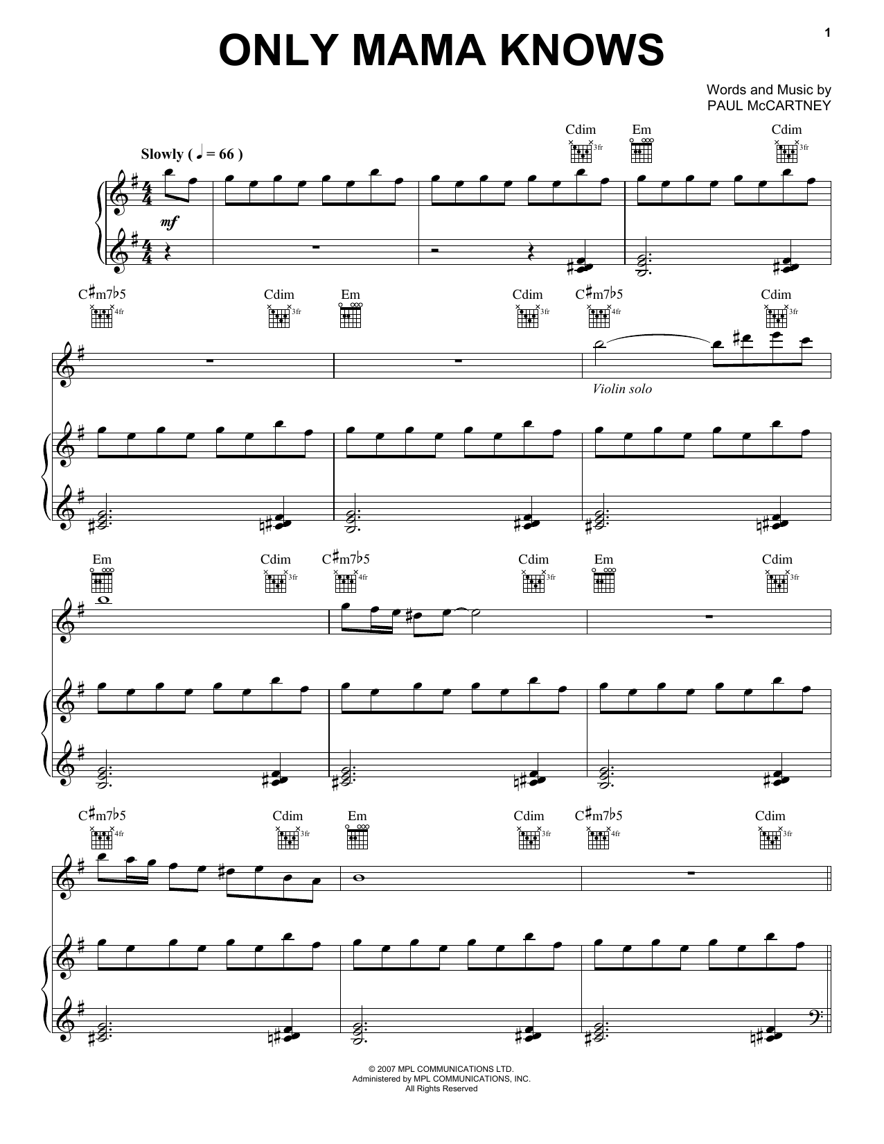 Paul McCartney Only Mama Knows sheet music notes and chords arranged for Piano, Vocal & Guitar Chords (Right-Hand Melody)