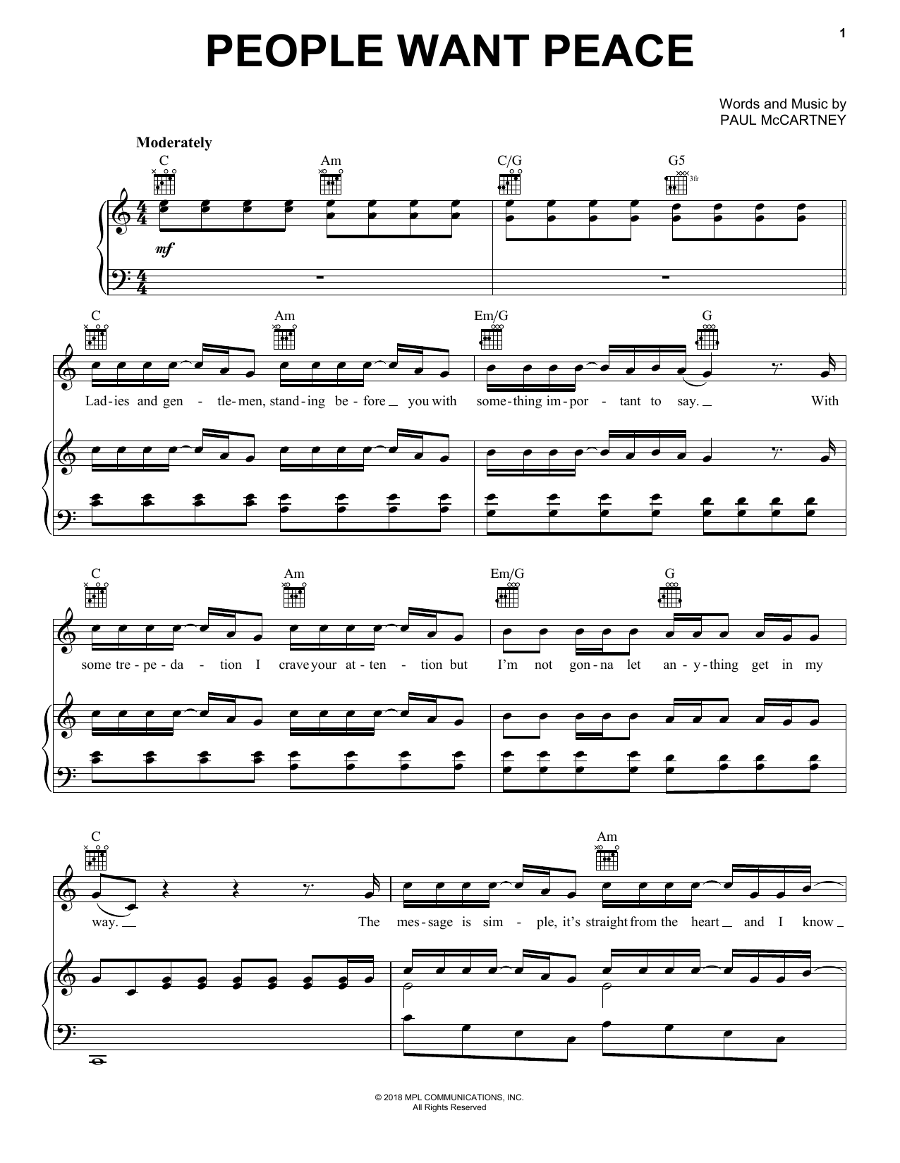 Paul McCartney People Want Peace sheet music notes and chords arranged for Piano, Vocal & Guitar Chords (Right-Hand Melody)