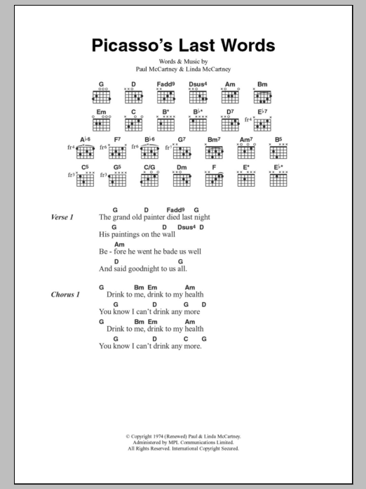Paul McCartney & Wings Picasso's Last Words sheet music notes and chords arranged for Guitar Chords/Lyrics