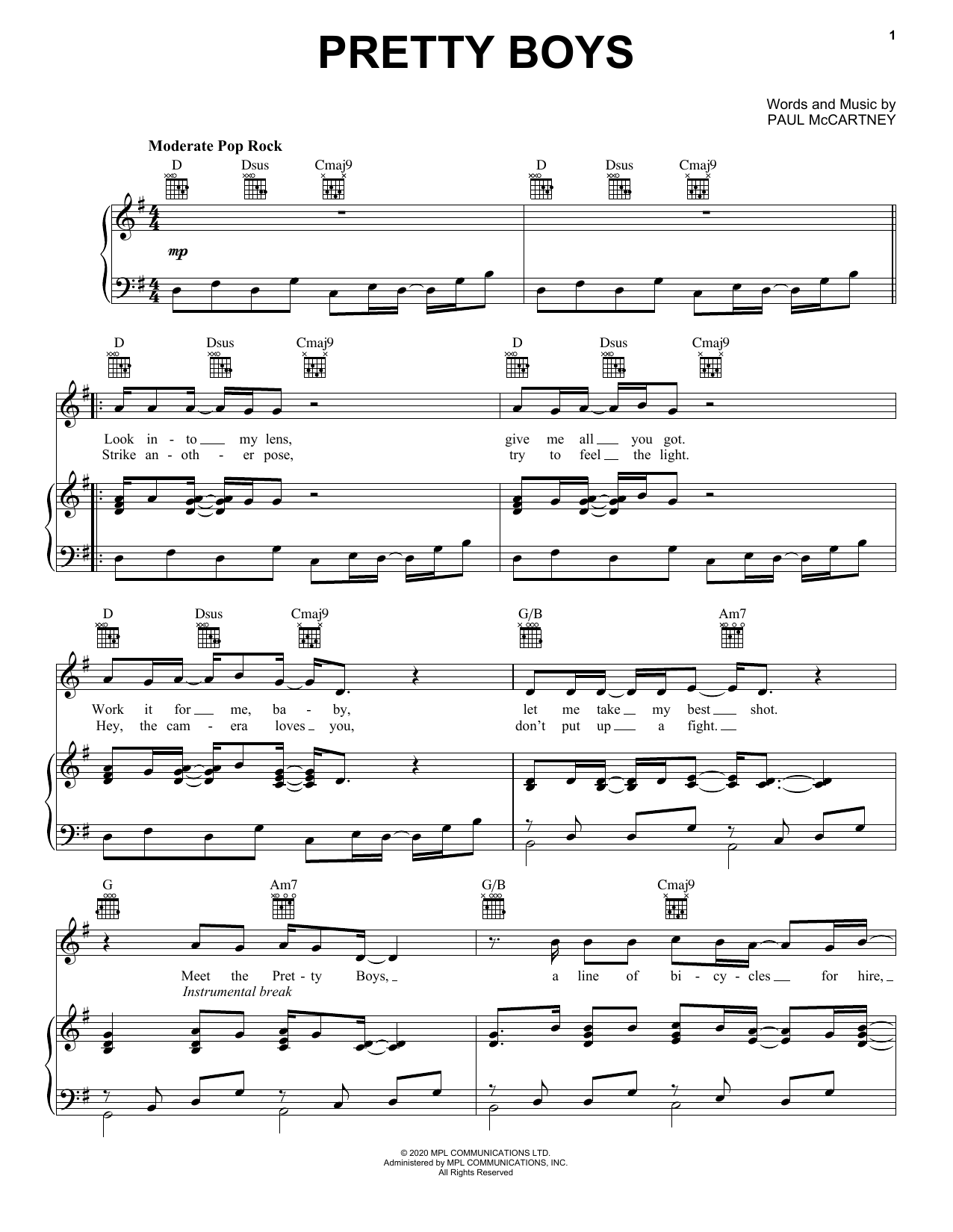 Paul McCartney Pretty Boys sheet music notes and chords arranged for Piano, Vocal & Guitar Chords (Right-Hand Melody)