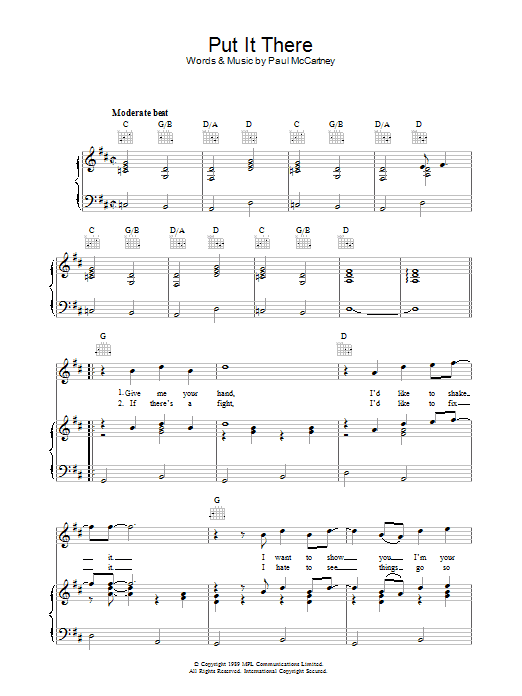 Paul McCartney Put It There sheet music notes and chords arranged for Piano, Vocal & Guitar Chords