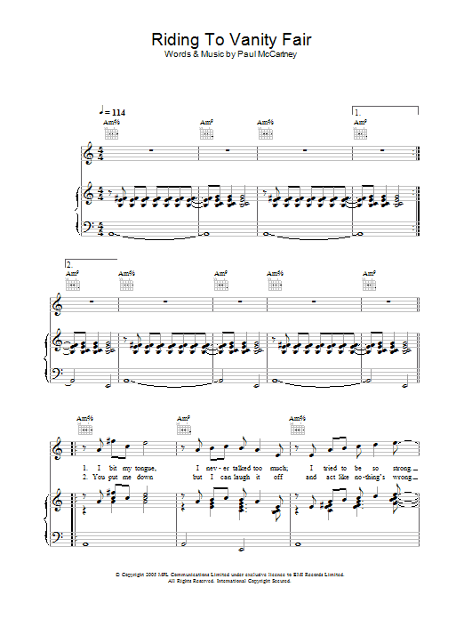Paul McCartney Riding To Vanity Fair sheet music notes and chords arranged for Piano, Vocal & Guitar Chords