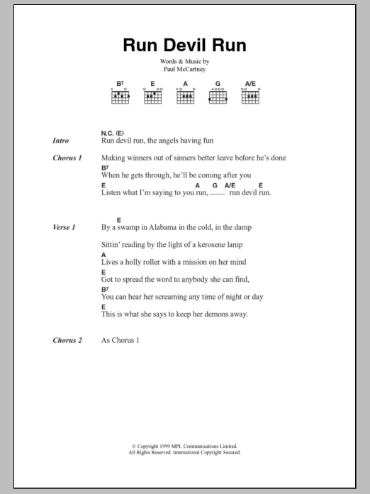 Paul McCartney Run Devil Run sheet music notes and chords arranged for Guitar Chords/Lyrics