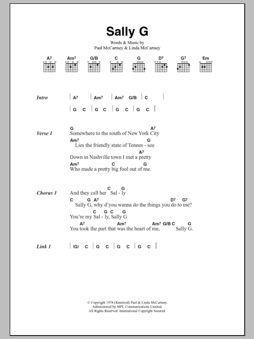 Paul McCartney & Wings Sally G sheet music notes and chords arranged for Guitar Chords/Lyrics