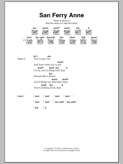 Paul McCartney & Wings San Ferry Anne sheet music notes and chords arranged for Guitar Chords/Lyrics