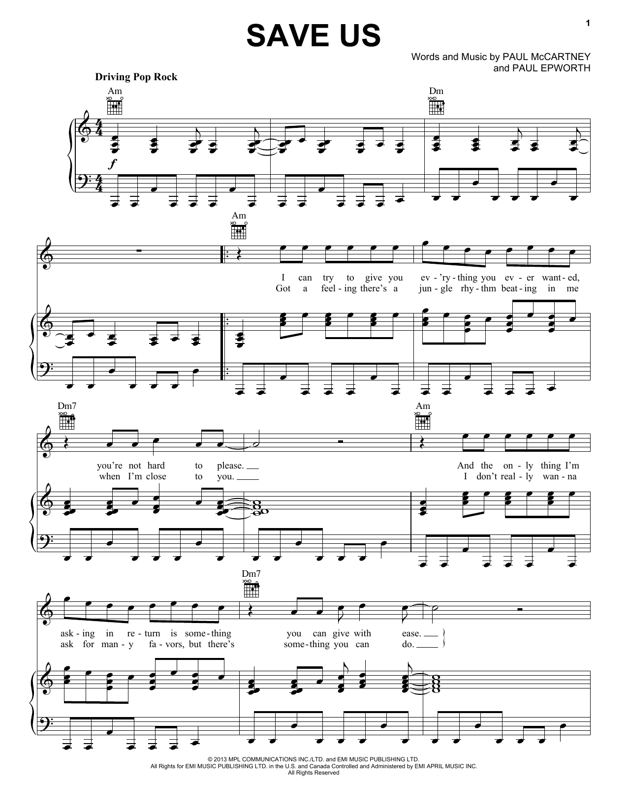 Paul McCartney Save Us sheet music notes and chords arranged for Easy Piano