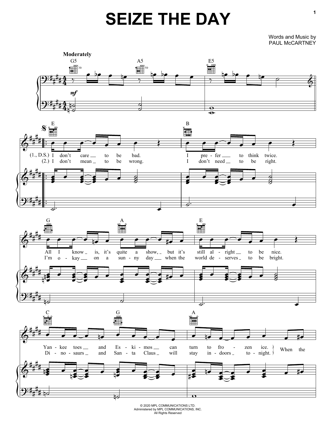 Paul McCartney Seize The Day sheet music notes and chords arranged for Piano, Vocal & Guitar Chords (Right-Hand Melody)