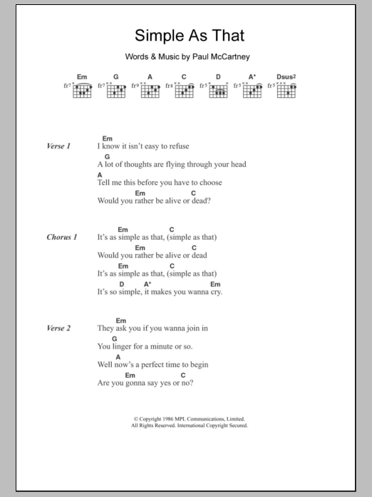 Paul McCartney Simple As That sheet music notes and chords arranged for Guitar Chords/Lyrics
