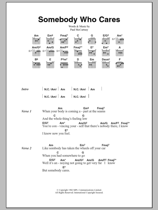 Paul McCartney Somebody Who Cares sheet music notes and chords arranged for Guitar Chords/Lyrics