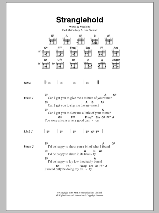 Paul McCartney Stranglehold sheet music notes and chords arranged for Guitar Chords/Lyrics