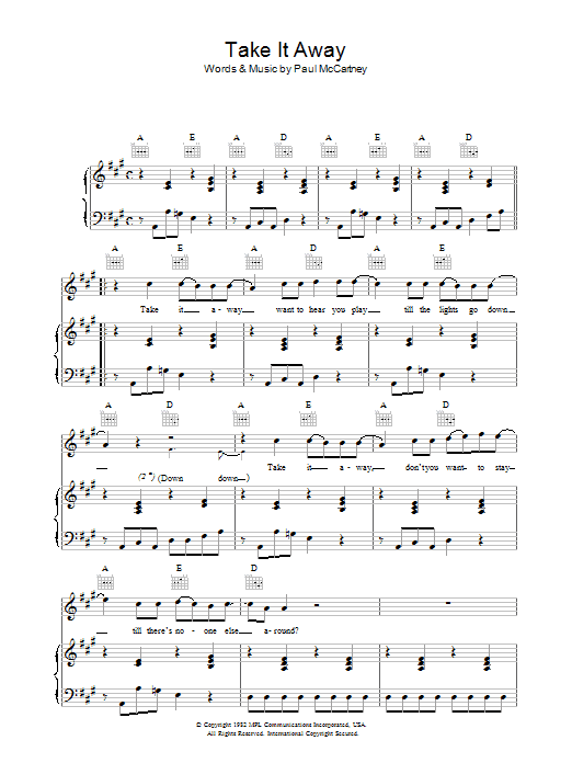 Paul McCartney Take It Away sheet music notes and chords arranged for Piano, Vocal & Guitar Chords
