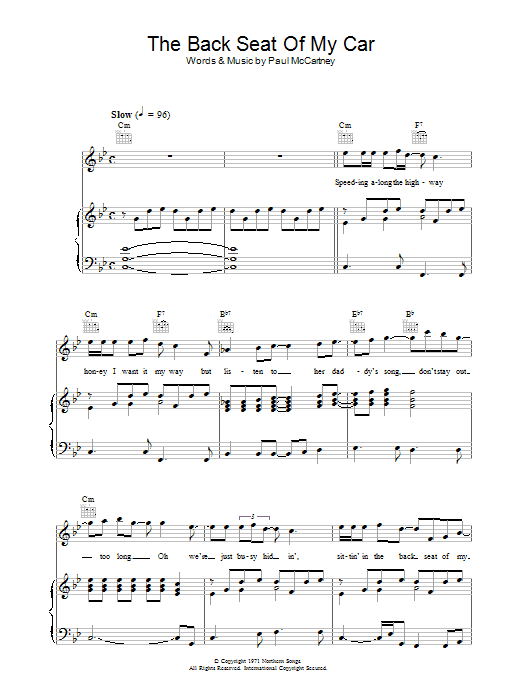 Paul McCartney The Back Seat Of My Car sheet music notes and chords arranged for Piano, Vocal & Guitar Chords