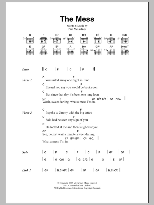 Paul McCartney & Wings The Mess sheet music notes and chords arranged for Guitar Chords/Lyrics
