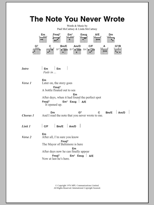 Paul McCartney & Wings The Note You Never Wrote sheet music notes and chords arranged for Guitar Chords/Lyrics