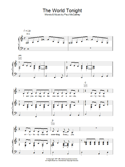 Paul McCartney The World Tonight sheet music notes and chords arranged for Piano, Vocal & Guitar Chords