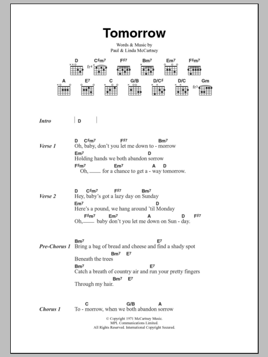 Paul McCartney Tomorrow sheet music notes and chords arranged for Guitar Chords/Lyrics