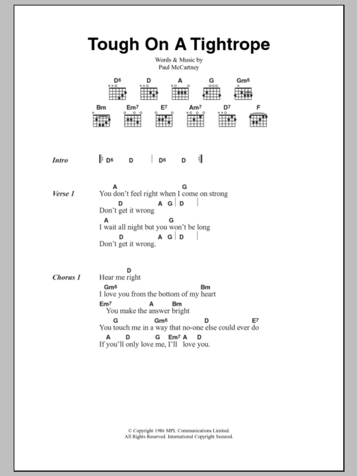 Paul McCartney Tough On A Tightrope sheet music notes and chords arranged for Guitar Chords/Lyrics