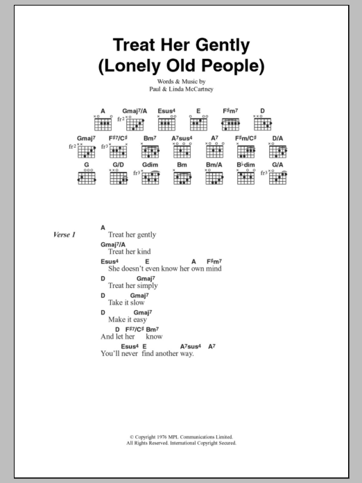 Paul McCartney & Wings Treat Her Gently (Lonely Old People) sheet music notes and chords arranged for Guitar Chords/Lyrics