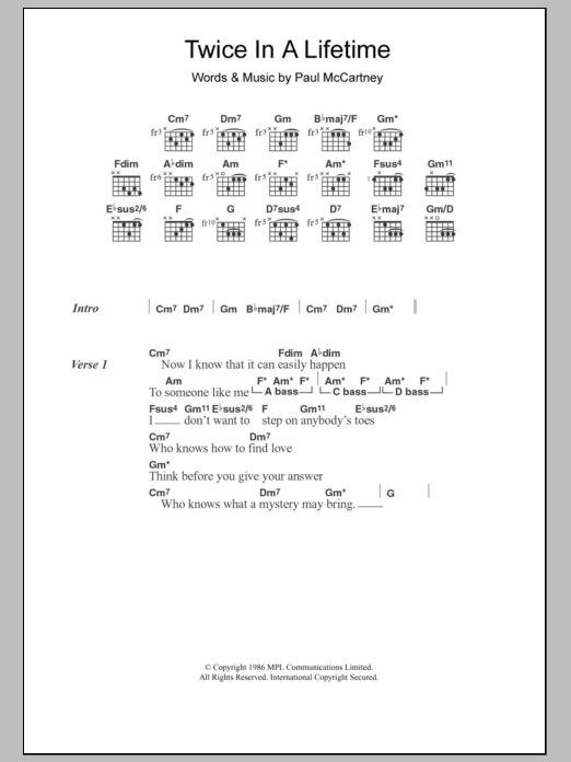 Paul McCartney Twice In A Lifetime sheet music notes and chords arranged for Guitar Chords/Lyrics