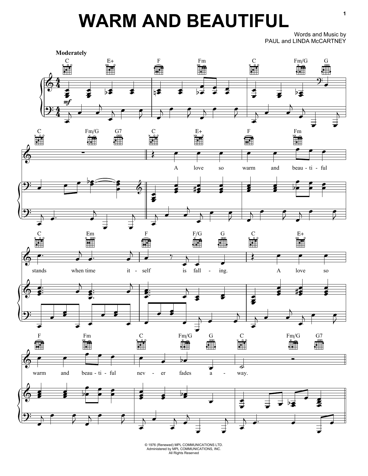 Paul McCartney Warm And Beautiful sheet music notes and chords arranged for Piano, Vocal & Guitar Chords (Right-Hand Melody)