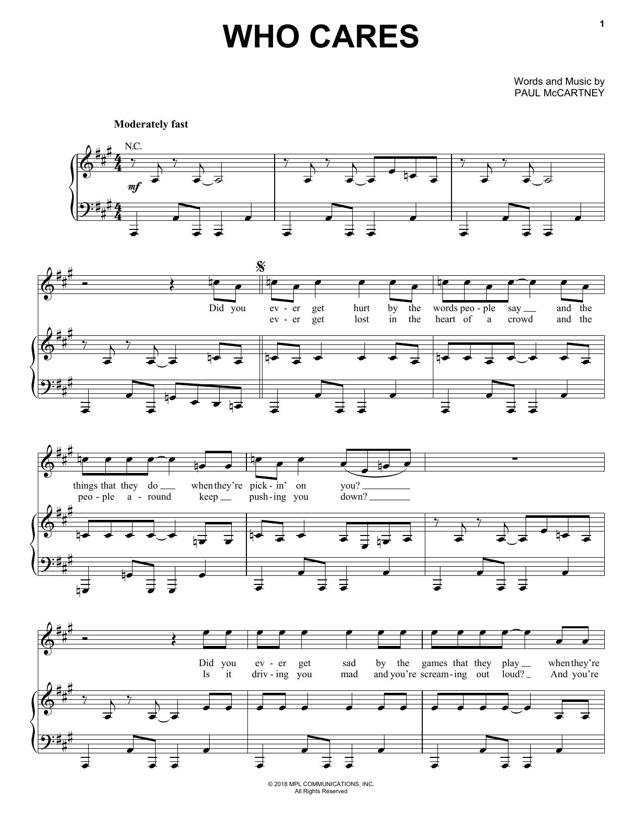 Paul McCartney Who Cares sheet music notes and chords arranged for Piano, Vocal & Guitar Chords (Right-Hand Melody)