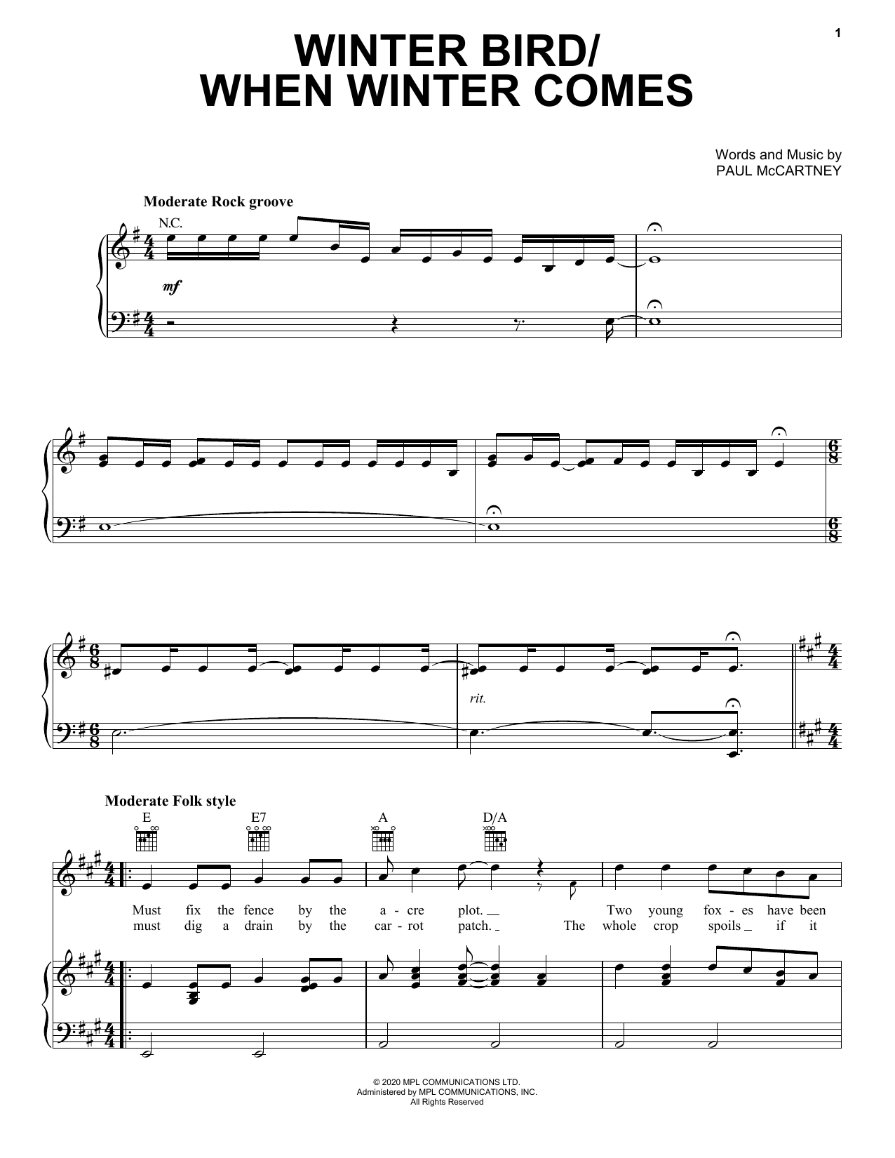 Paul McCartney Winter Bird / When Winter Comes sheet music notes and chords arranged for Lead Sheet / Fake Book
