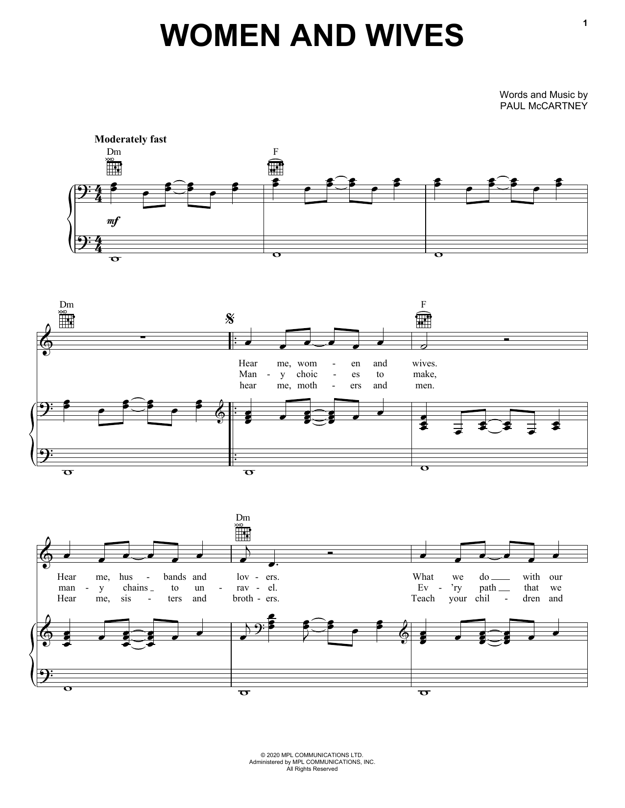 Paul McCartney Women And Wives sheet music notes and chords arranged for Piano, Vocal & Guitar Chords (Right-Hand Melody)