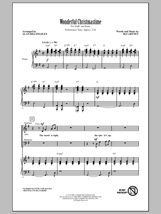 Paul McCartney Wonderful Christmastime (arr. Alan Billingsley) sheet music notes and chords arranged for SSA Choir