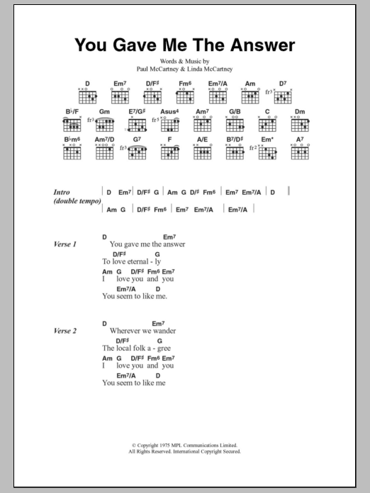 Paul McCartney & Wings You Gave Me The Answer sheet music notes and chords arranged for Guitar Chords/Lyrics