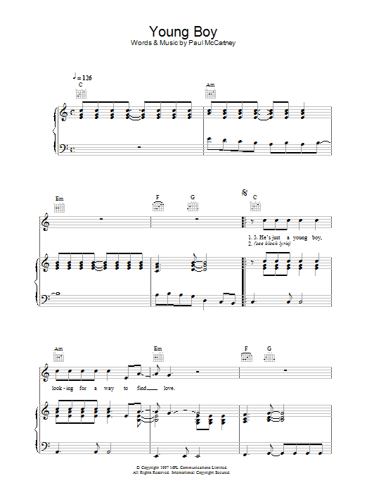 Paul McCartney Young Boy sheet music notes and chords arranged for Piano, Vocal & Guitar Chords