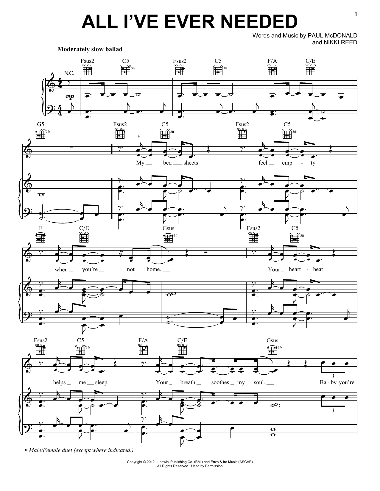 Paul McDonald & Nikki Reed All I've Ever Needed sheet music notes and chords arranged for Piano, Vocal & Guitar Chords (Right-Hand Melody)
