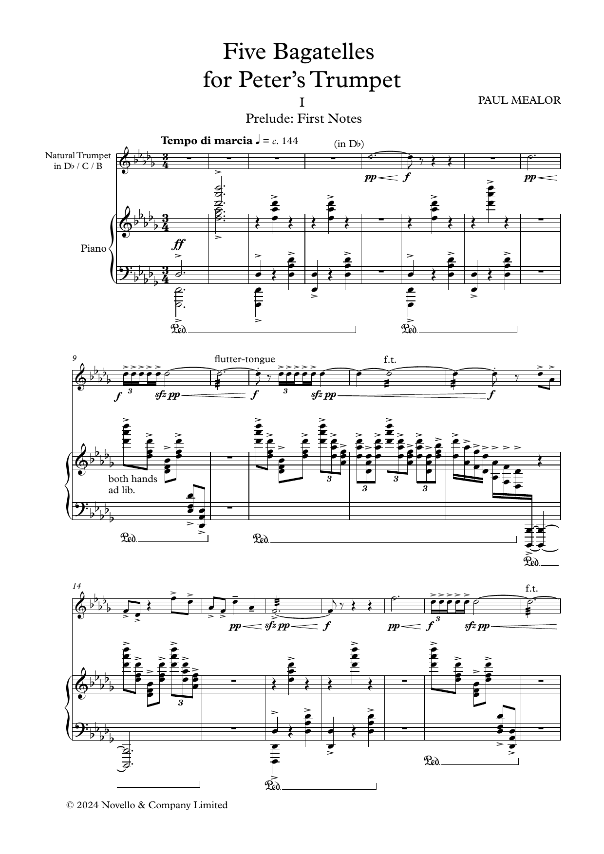 Paul Mealor Five Bagatelles for Peters Trumpet sheet music notes and chords arranged for Trumpet and Piano