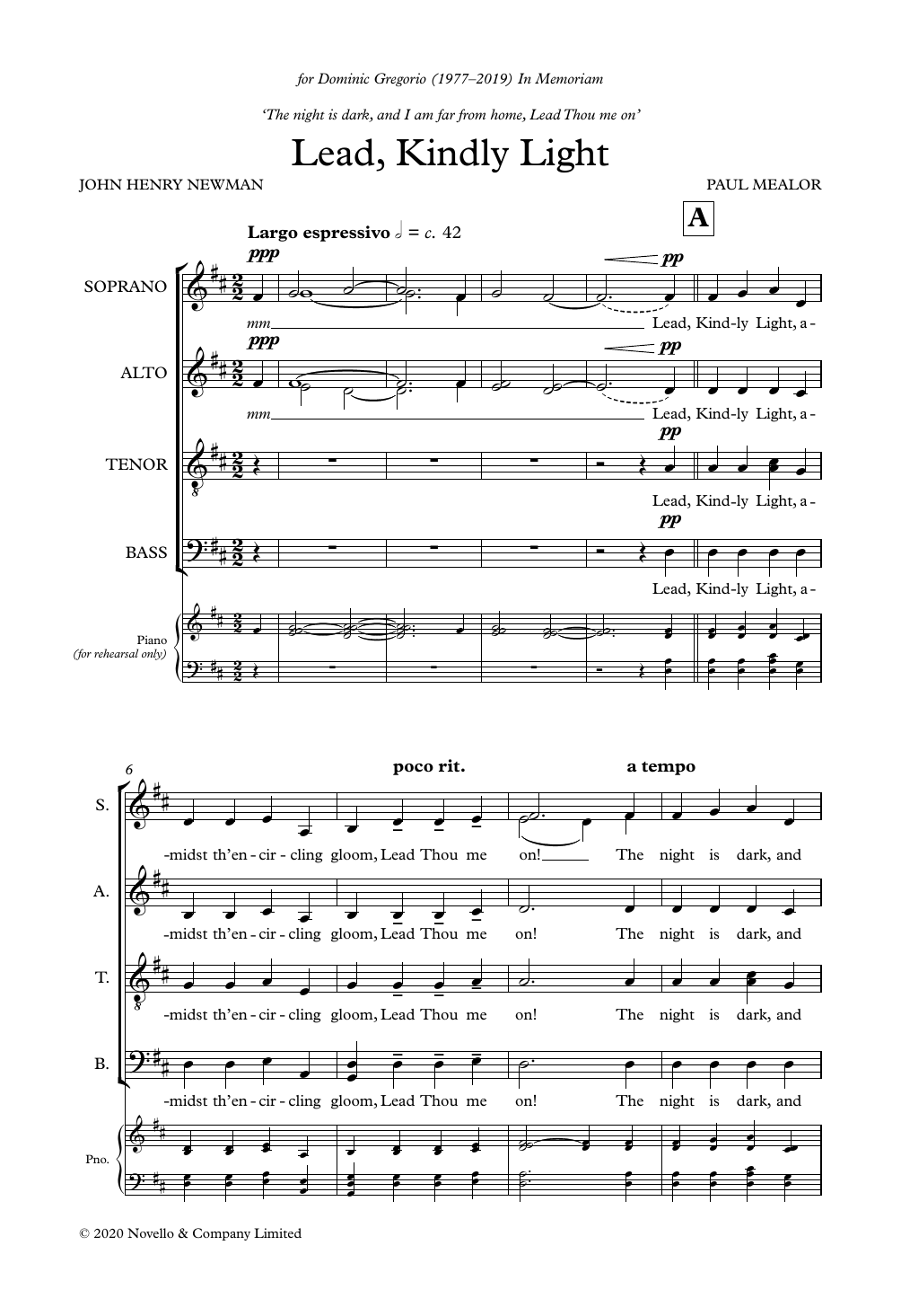 Paul Mealor Lead, Kindly Light sheet music notes and chords arranged for SATB divisi Choir