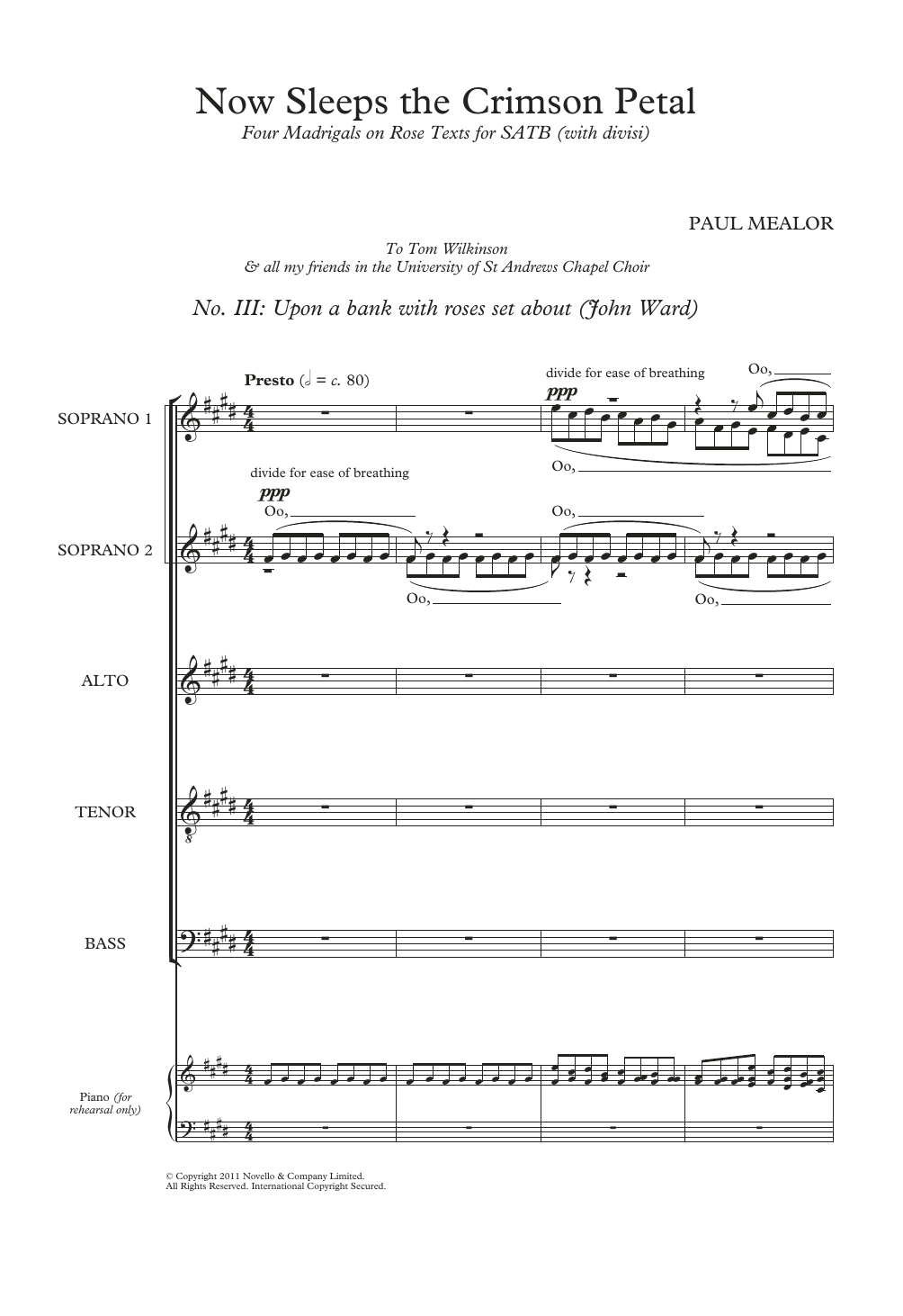 Paul Mealor Upon A Bank With Roses Set About (from 'Four Madrigals on Rose Texts') sheet music notes and chords arranged for SATB Choir