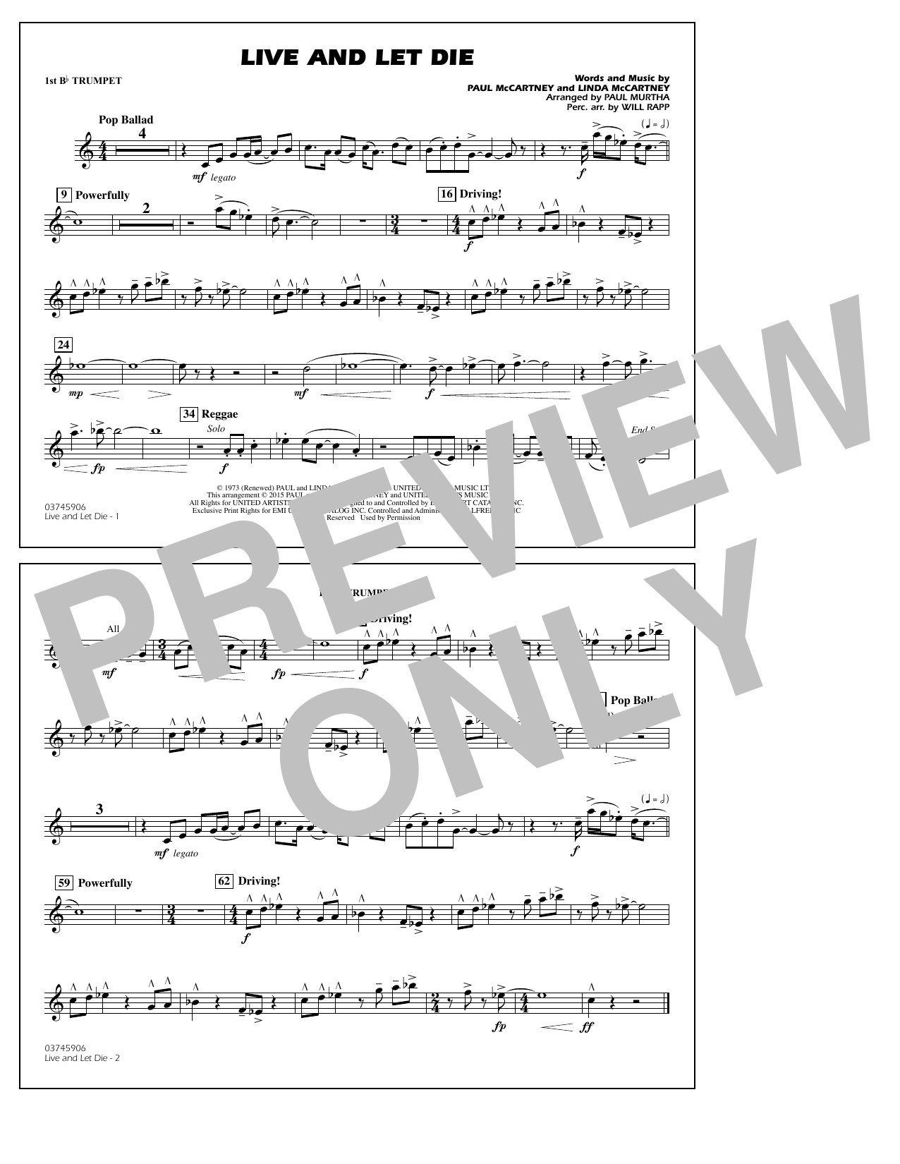 Paul Murtha Live and Let Die - 1st Bb Trumpet sheet music notes and chords arranged for Marching Band