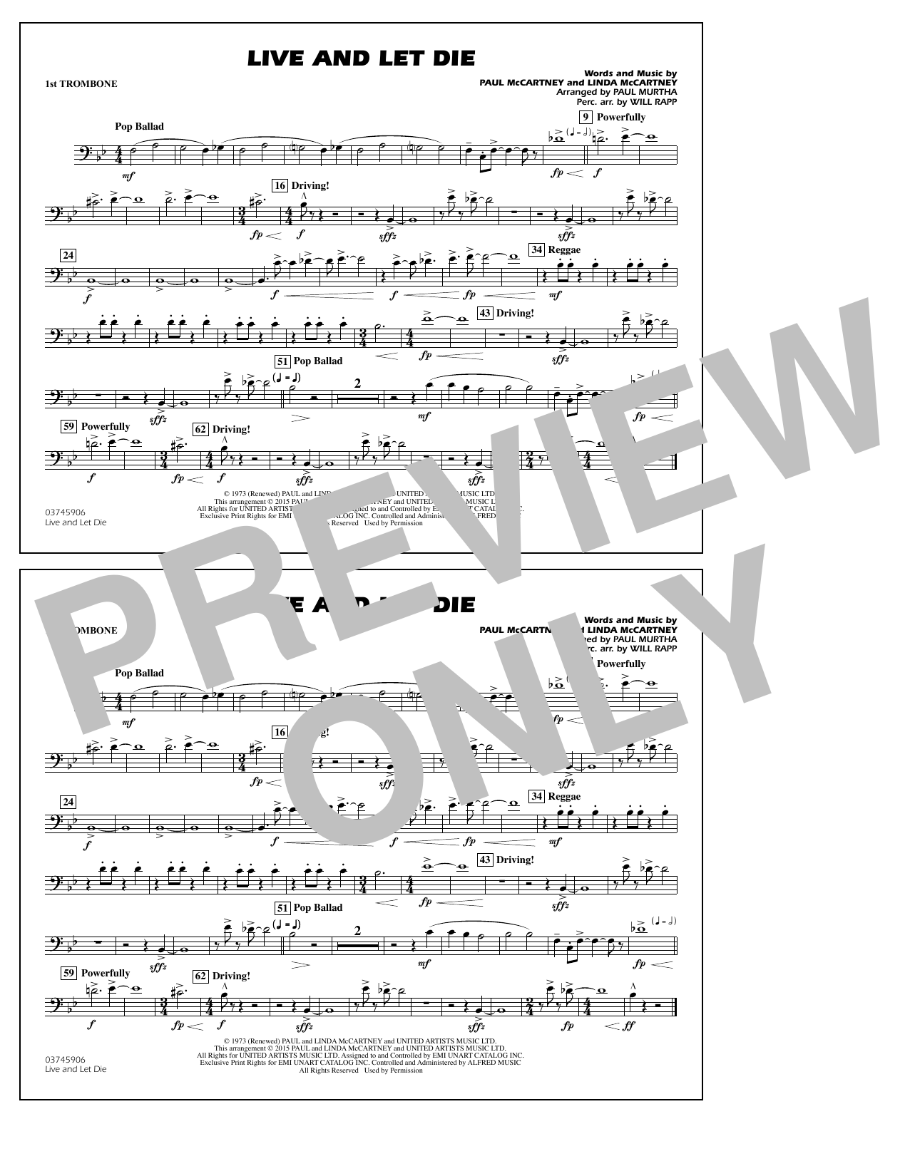 Paul Murtha Live and Let Die - 1st Trombone sheet music notes and chords arranged for Marching Band