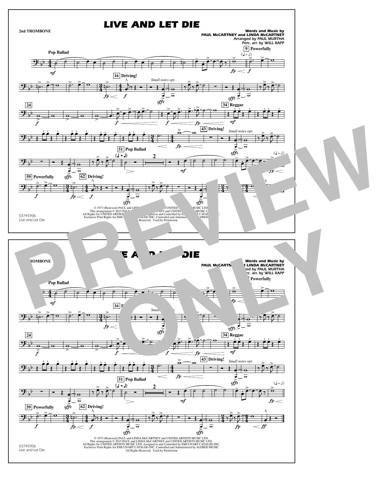 Paul Murtha Live and Let Die - 2nd Trombone sheet music notes and chords arranged for Marching Band