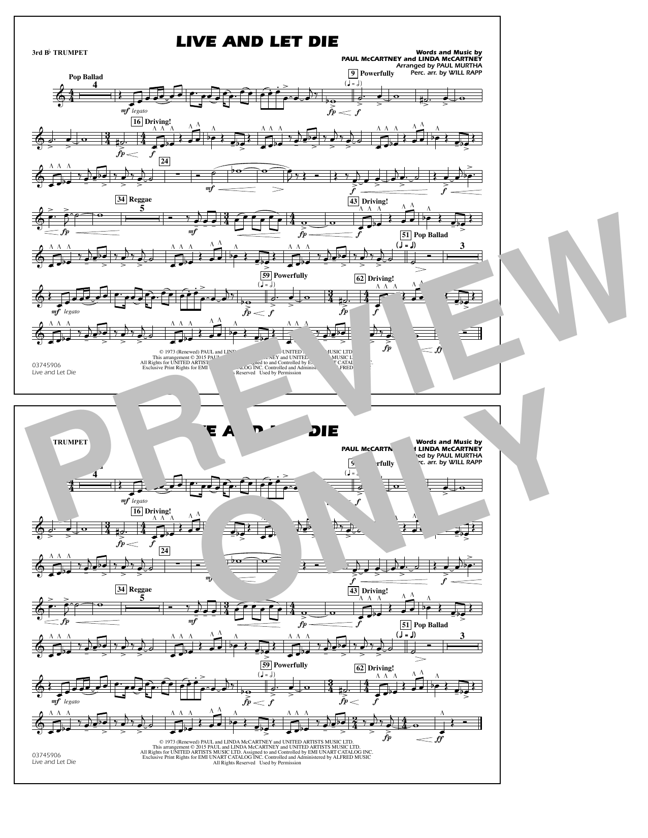 Paul Murtha Live and Let Die - 3rd Bb Trumpet sheet music notes and chords arranged for Marching Band